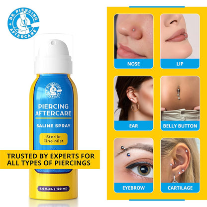 Dr. Piercing Aftercare Spray 4.0 oz Sterile Saline Solution - Gentle Mist Cleaner for Ear Nose and Body Piercings - Simple Two Ingredient Formula
