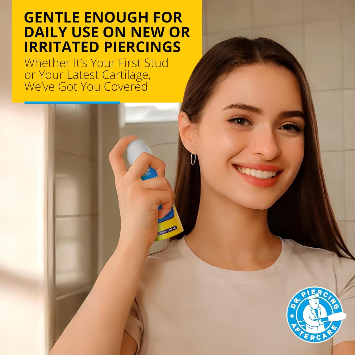 Dr. Piercing Aftercare Spray 4.0 oz Sterile Saline Solution - Gentle Mist Cleaner for Ear Nose and Body Piercings - Simple Two Ingredient Formula - Dr. Piercing Aftercare