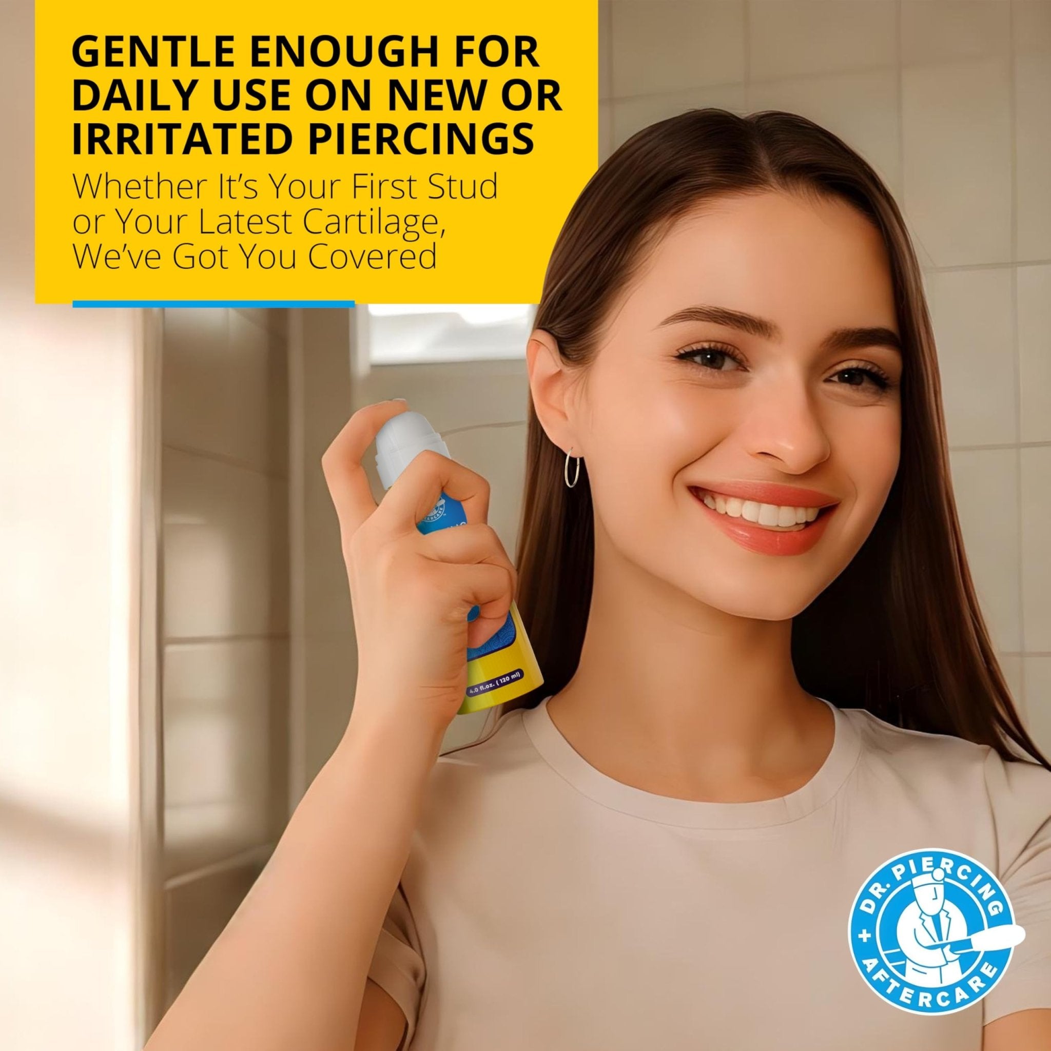 Dr. Piercing Aftercare Spray 4.0 oz Sterile Saline Solution - Gentle Mist Cleaner for Ear Nose and Body Piercings - Simple Two Ingredient Formula - Dr. Piercing Aftercare