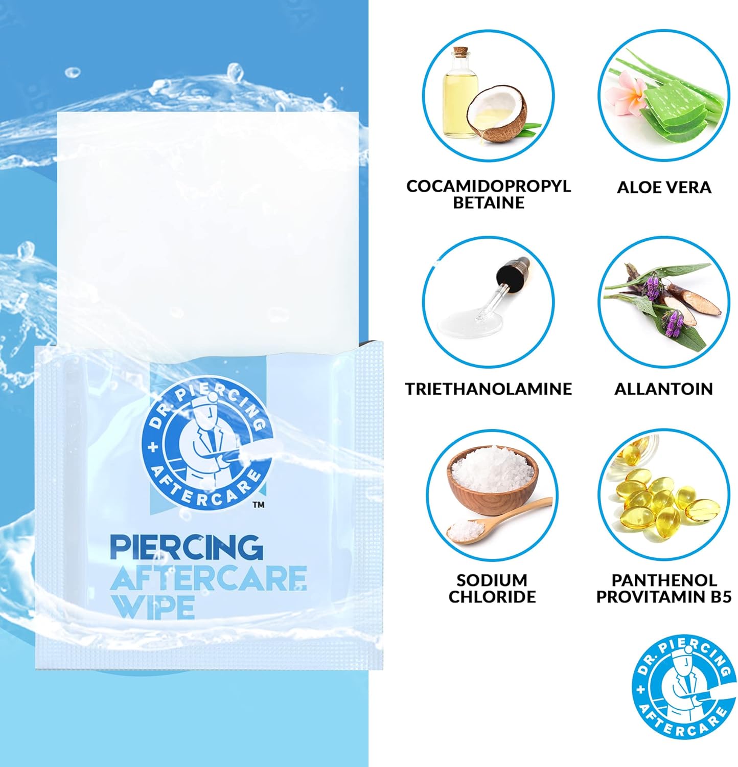 Dr. Piercing Aftercare Swabs and Wipes Combo - Saline Solution for Piercings - Earring Nose Belly Ear Piercing Cleaner - Saline Wash, Ear Hole Cleaner - Keloid Bump - Dr. Piercing Aftercare