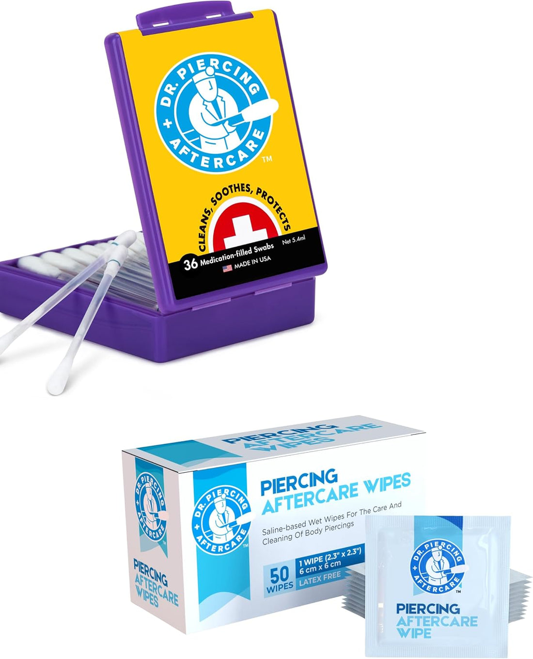 Dr. Piercing Aftercare Swabs and Wipes Combo - Saline Solution for Piercings - Earring Nose Belly Ear Piercing Cleaner - Saline Wash, Ear Hole Cleaner - Keloid Bump - Dr. Piercing Aftercare