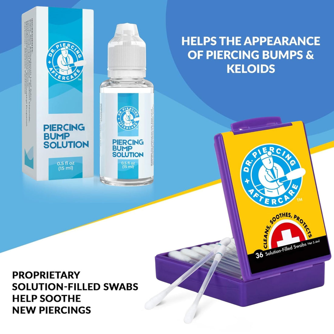 Dr. Piercing Aftercare Swabs Bundle with Keloid Bump Removal Drops - Saline Solution For Piercings - Ear Piercing Cleaner - Dr. Piercing Aftercare