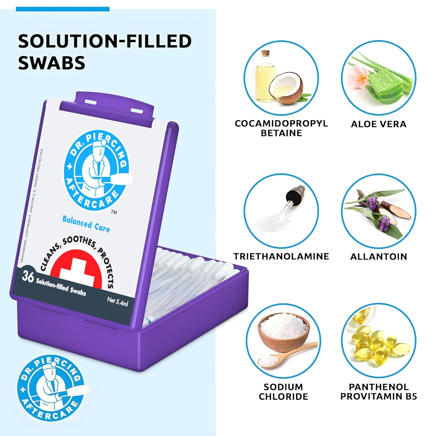 Dr. Piercing Aftercare Swabs - Saline Solution for Piercings - Earring Nose Belly Ear Piercing Cleaner - Saline Wash, Ear Hole Cleaner – Piercing Aftercare Formula - 36 Swabs - Dr. Piercing Aftercare