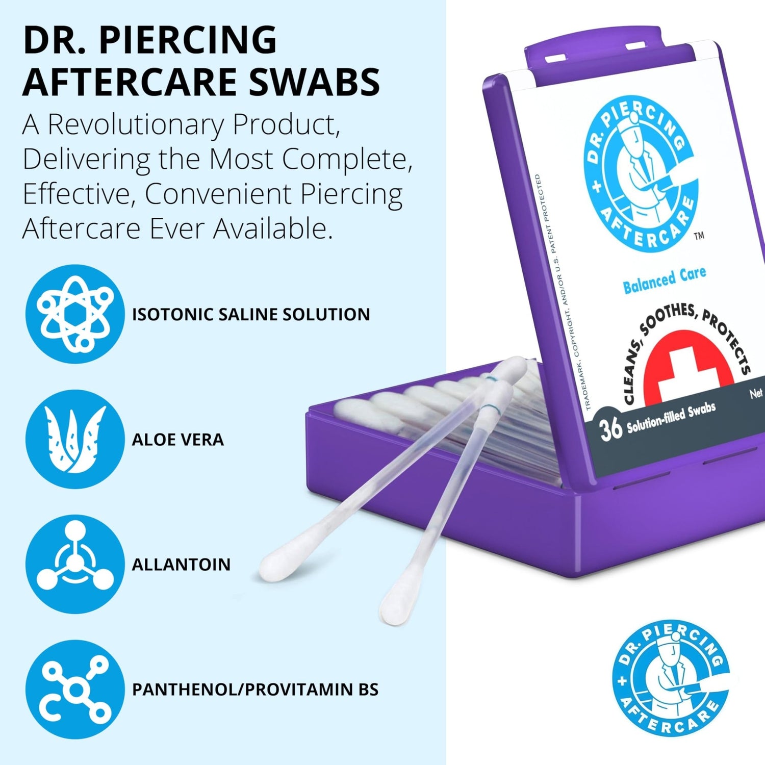 Dr. Piercing Aftercare Swabs - Saline Solution for Piercings - Earring Nose Belly Ear Piercing Cleaner - Saline Wash, Ear Hole Cleaner – Piercing Aftercare Formula - 36 Swabs - Dr. Piercing Aftercare