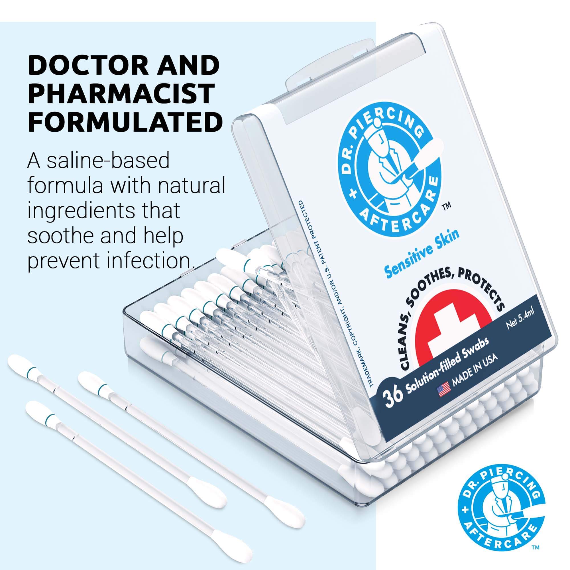 Dr. Piercing Aftercare Sensitive Skin Swabs - Natural Saline-Based Cleaning Solution - Helps Cleanse, Soothe Ear, Nose, Belly Button, Body Piercing Wounds - Clean Storage &amp; Travel Case With 72 Swabs - Dr. Piercing Aftercare